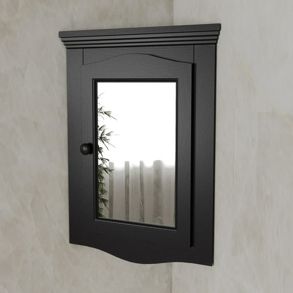 Renovator's Supply Black Hardwood Corner Wall Mount Medicine Cabinet with Recessed Mirror