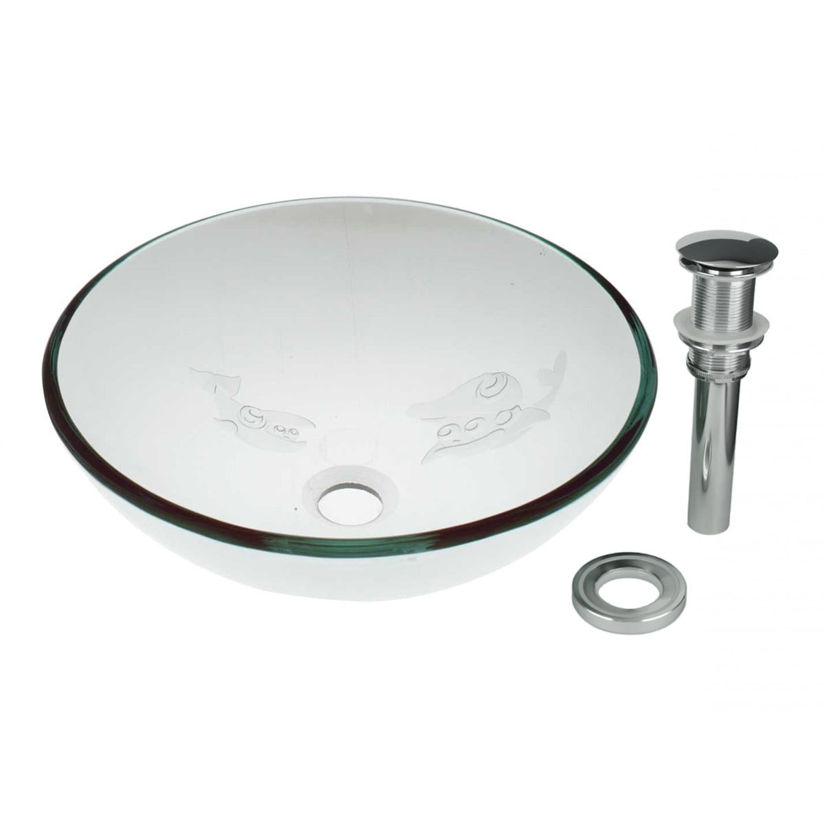 16.5'' Clear Frosted Glass Vessel Bathroom Sink with Etched Fish