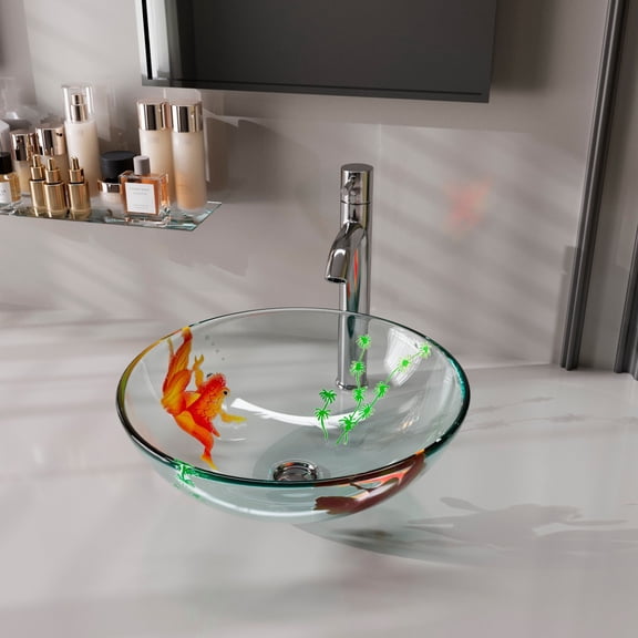 Renovator's Supply Koi Fish Painted Tempered Glass Above Counter Vessel Sink with Drain