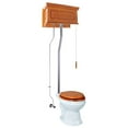 thumbnail image 1 of Renovator's Supply Light Mahogany Finish High Tank Pull Chain Toilet Wooden Raised Tank Round White Porcelain Bowl and Chrome L Pipes Adjustable H 70"- 74", 1 of 8