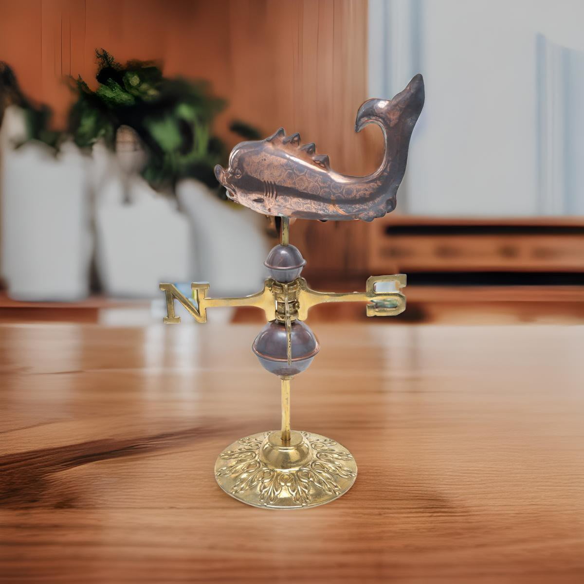 Polished Copper Whale Desktop Weathervane with Brass Stand