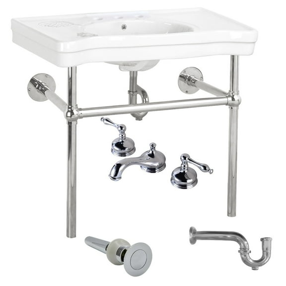Renovator's Supply White Console Sink Belle Epoque Deluxe with Chrome Bistro Legs, 8" Widespread Bathroom Sink Faucet Classic Chrome and Heavy P Trap Chrome Brass Cleanout