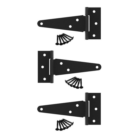 Renovators Supply 5 in. Black T Strap Shed Door Hinge Flush Mount Cast Iron Barn Door Shed Hinge w/Hardware Pack of 3