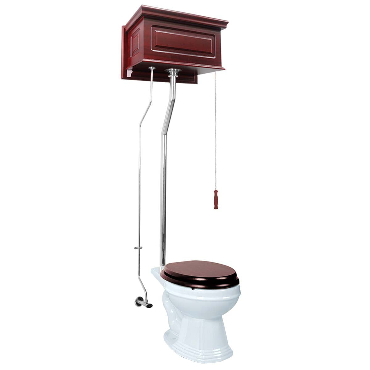 Renovators Supply Antique Cherry Finish High Tank Pull Chain Toilet Wooden Raised Tank Elongated Porcelain Round Bowl and Chrome L Pipes Adjustable H 70"-74"