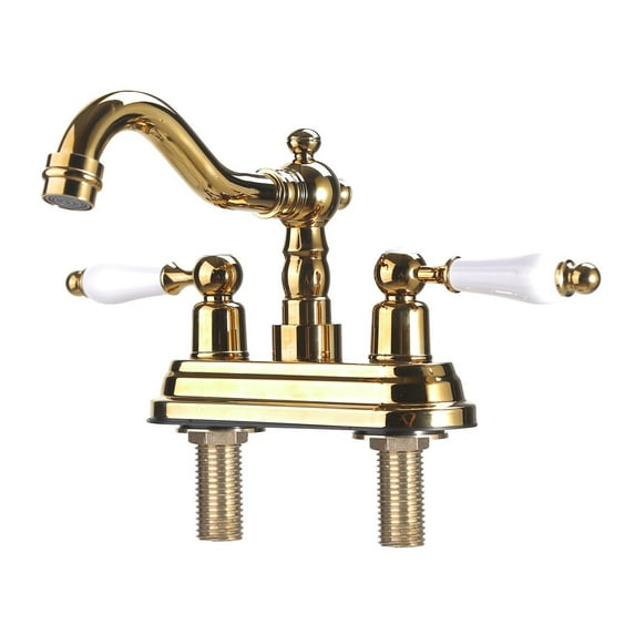 Renovators Supply Bathroom Faucets 4" Brass Polished Centerset Bathroom Sink Faucet w/White Double Handle and Supply Lines