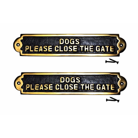 Renovators Supply Beware of Dog Sign 10.9" x 2.1" Keep Gate Closed Sign Cast Brass Please Close Gate Sign Pack of 2