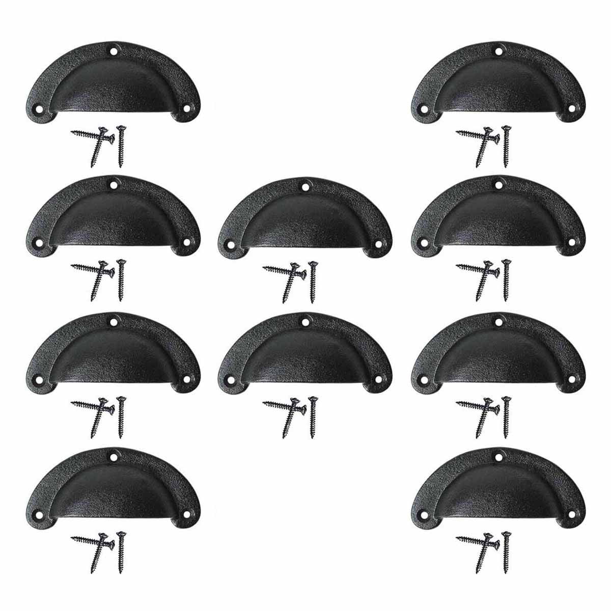 Antique Black Iron Cup Cabinet Pulls with Mounting Hardware, Set of 10