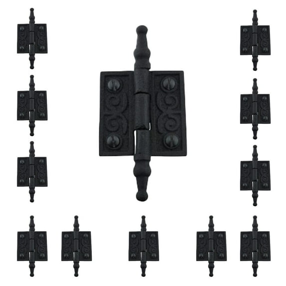 Renovators Supply Black Cabinet Door Hinge 2" Rust Resistant Wrought Iron Butt Hinge Victorian Steeple Tip Flush Mount Hinges w/Hardware, Pack of 12