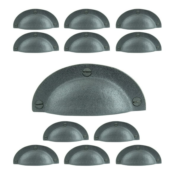 Renovators Supply Black Cabinet Drawer Cup Bin Pull 4" W x 1.75" H Antique Wrought Iron Kitchen Cabinet Dresser Door Handles 3.5" Boring Rust Resistant Pulls w/Hardware Pack of 12