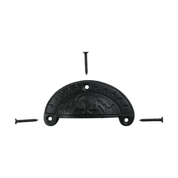 Renovators Supply Black Cabinet Drawer Cup Bin Pull Wrought Iron 4" W x 2" H Antique Decorative Kitchen Dresser Handles Rust Resistant Bin Pulls w/Screws