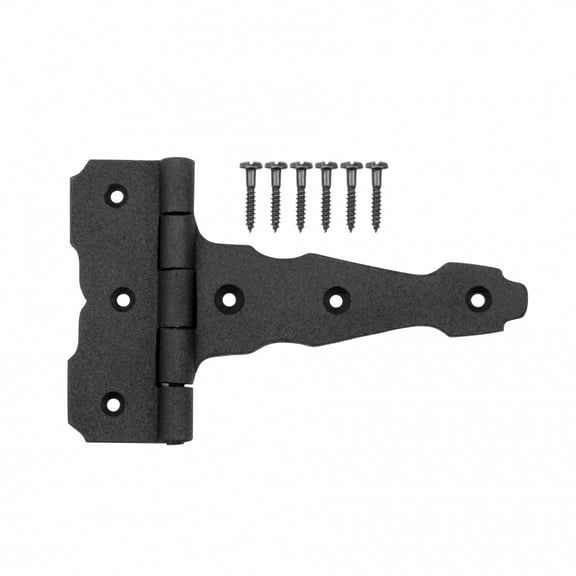 Renovators Supply Black Cast Iron T Strap Hinge 4 Inches Long Modern Decorative Outdoor Hinge Black Rust Resistant Powder Coat Finish Cabinet Or Wooden Door and Gate Flush Mount Hinge with Screws