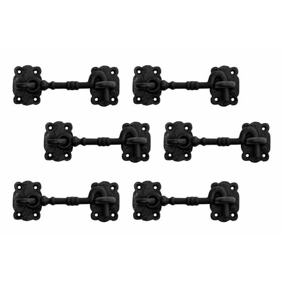 Renovators Supply Black Wrought Iron Cabin Hook Eye 5.5" Large Decorative Privacy Hook Latches for Kitchen Cabinet Window Sliding Barn or Shed Door Locks w/Screws Pack of 6