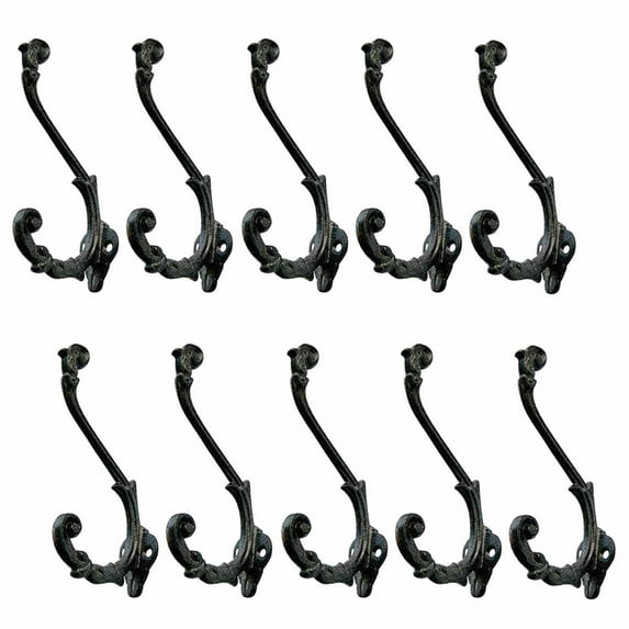 Renovators Supply Black Wrought Iron Double Hook Antique 6 in. L Wall Mount Vintage Double Hooks for Coat, Robe or Hat Hanger Rust Resistant Hooks w/Hardware Pack of 10
