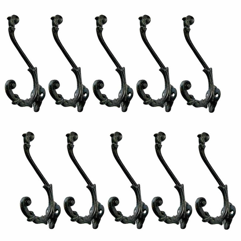 Renovators Supply Black Wrought Iron Double Hook Antique 6 in. L Wall Mount  Vintage Double Hooks for Coat, Robe or Hat Hanger Rust Resistant Hooks  w/Hardware Pack of 10 