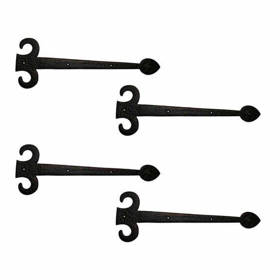 Renovators Supply Black Wrought Iron Garage Door Decorative Hardware Fleur De Lis Design 15-3/8 in Rust Resistant Dummy Strap Hinge w/Screws, Pack of 4