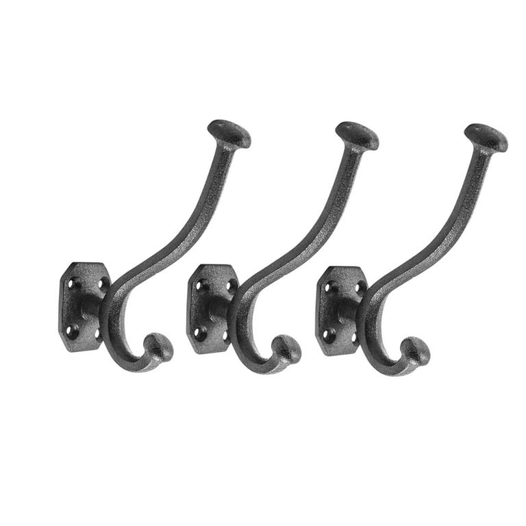Renovators Supply Black Wrought Iron Robe and Coat Double Hooks 5 in. L  Rustic Entry Way Hat or Jacket Hanger Wall Mount w/Screws Pack of 3 