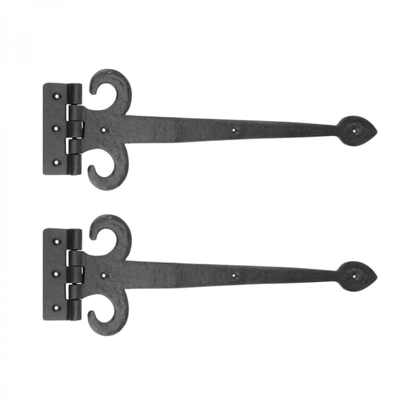 Renovators Supply Black Wrought Iron Strap Hinge 18" Fleur De Lis Style Flush Mount Heavy Duty Spade Tip Strap Gate and Door Hinges w/Hardware pack of 2