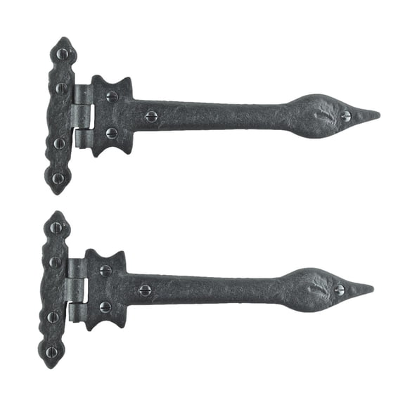 Renovators Supply Black Wrought Iron Strap Hinge 9" Spear Tip Flush Mount Heavy Duty Strap Gate and Door Hinges w/Hardware Pack of 2