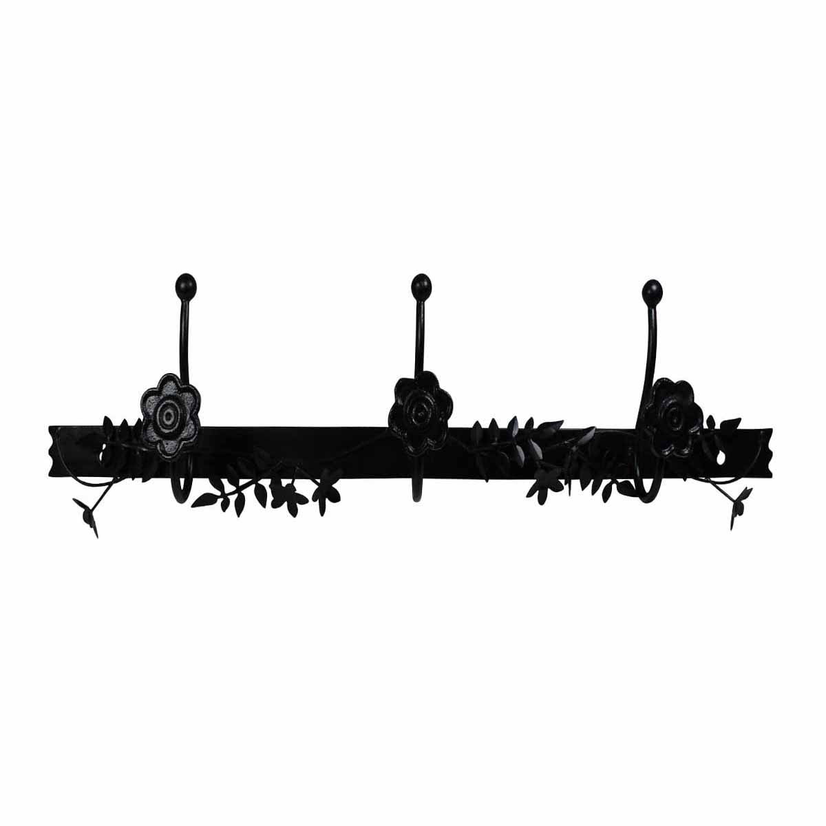 Black Wrought Iron Floral Triple Rail Wall Hooks