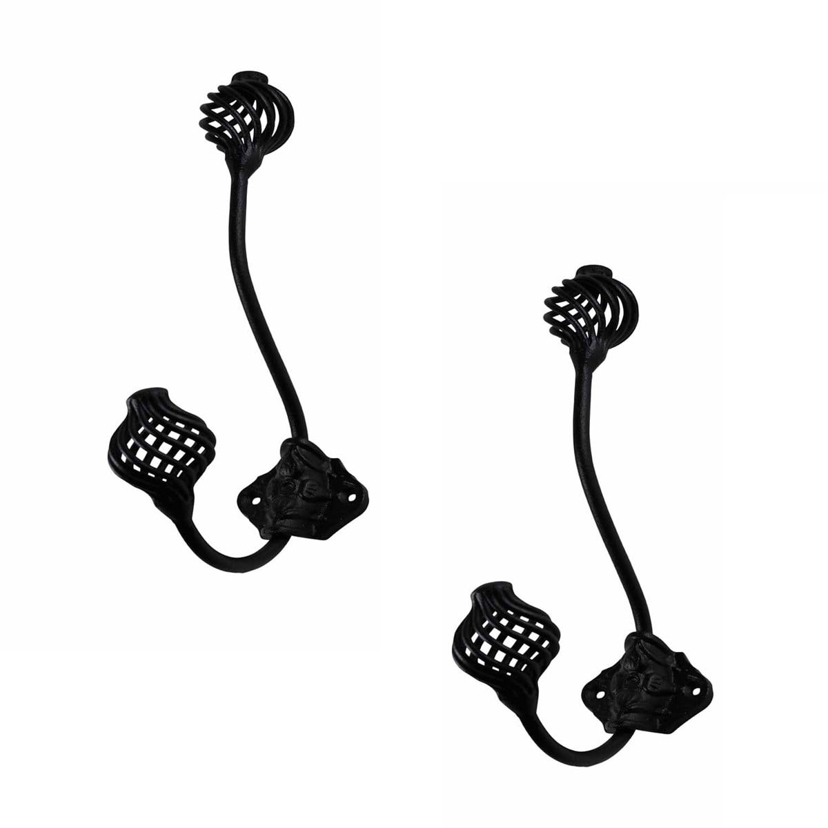 Renovators Supply Black Wrought Iron Wall Double Hooks Decorative Birdcage  Style 8 Rust Resistant Wall Mount Dual Hooks for Coat, Robe or Hat Holder  Hanger w/Hardware 