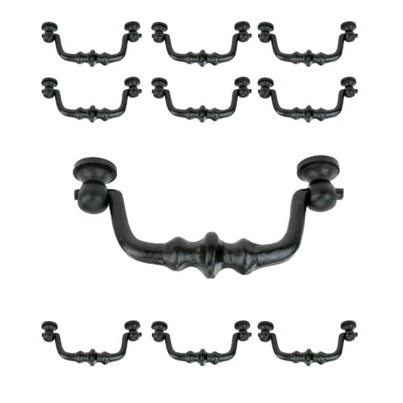 Renovators Supply Black Wrought iron Drawer Bail Pull 4.38 in. L Antique Kitchen Cabinet Drop Style Swing Handles Rust Resistant Powder Coat Finish w/Screws Pack of 10