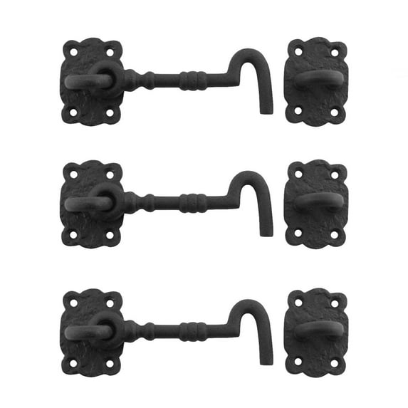 Renovators Supply Door Latch Lock 5.5" Black Wrought Iron Hook and Eye Latch for Door w/Screws Pack of 3