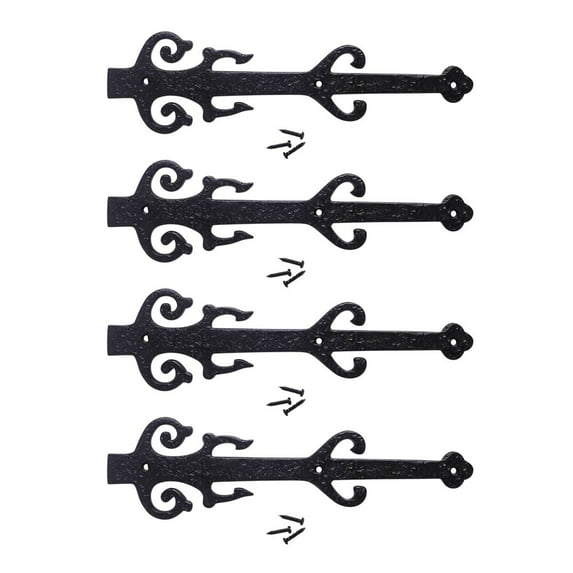 Renovators Supply Garage Door Decorative Hardware Poseidon Trident Design 12" Black Wrought Iron Rust Resistant Dummy Strap Hinge w/Screws, Pack of 4
