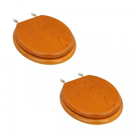 Renovators Supply Golden Oak Wooden Toilet Seat Round Toilet Seat w/Brass PVD Hinges and Non Slip Bumper Pack of 2