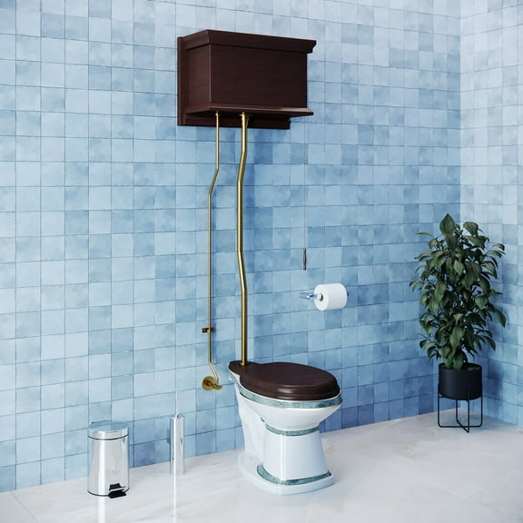 Renovators Supply High Tank Pull Chain Toilet w/Dark Oak Wooden Flat Front Panel High Tank 59" to 74" Adjustable Height Brass Z Pipe and Elongated Toilet Bowl