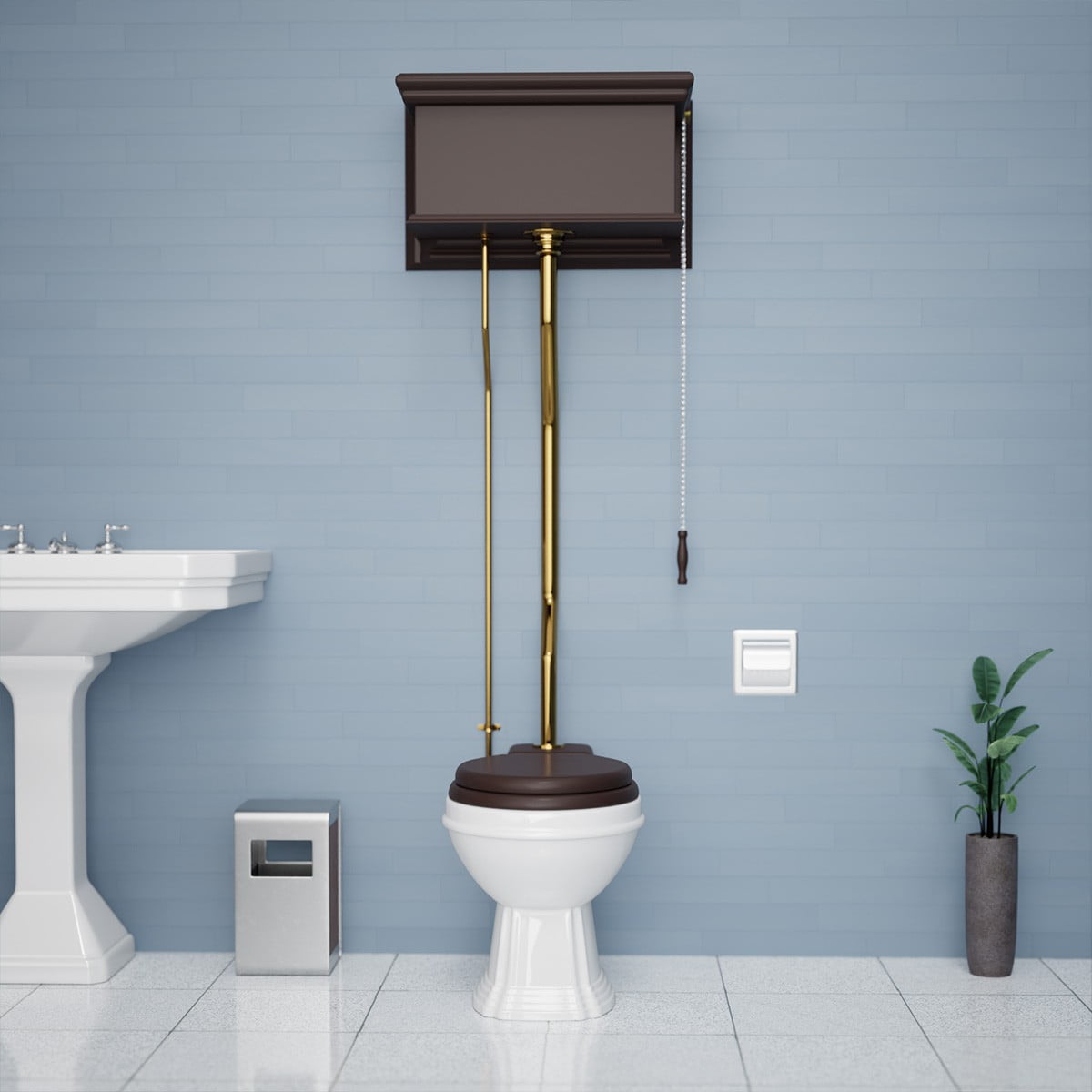 Renovators Supply High Tank Pull Chain Toilet w/Dark Oak Wooden Flat High Tank 59" to 74" Adjustable Height Brass Z Pipe and Elongated Toilet Bowl