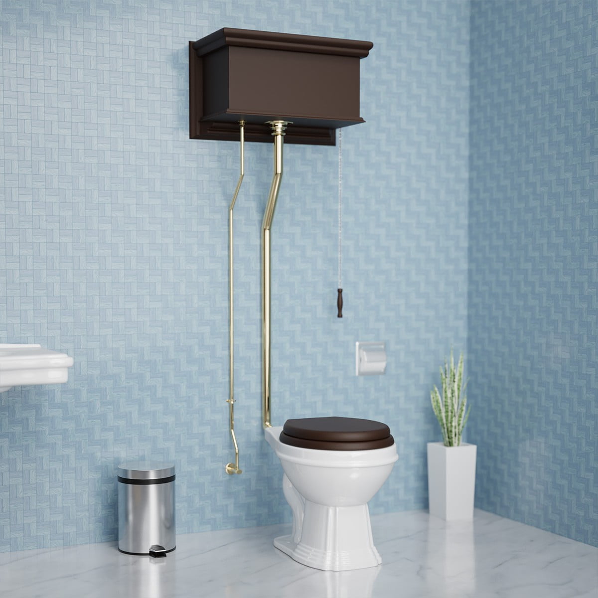 Renovators Supply High Tank Pull Chain Toilet w/Dark Oak Wooden Flat High Tank 70" to 74" Adjustable Height Brass L Pipe and Elongated Toilet Bowl