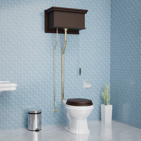 Renovators Supply High Tank Pull Chain Toilet w/Dark Oak Wooden Flat High Tank 70" to 74" Adjustable Height Brass L Pipe and Elongated Toilet Bowl