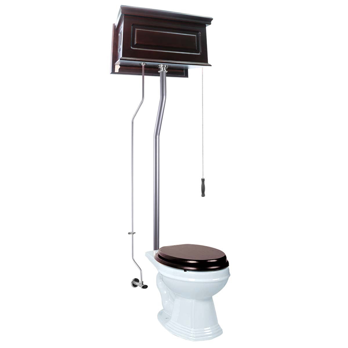 Renovators Supply High Tank Pull Chain Toilet w/Dark Oak Wooden Raised High Tank 70" to 74" Adjustable Height Satin L Pipe and Elongated Toilet Bowl