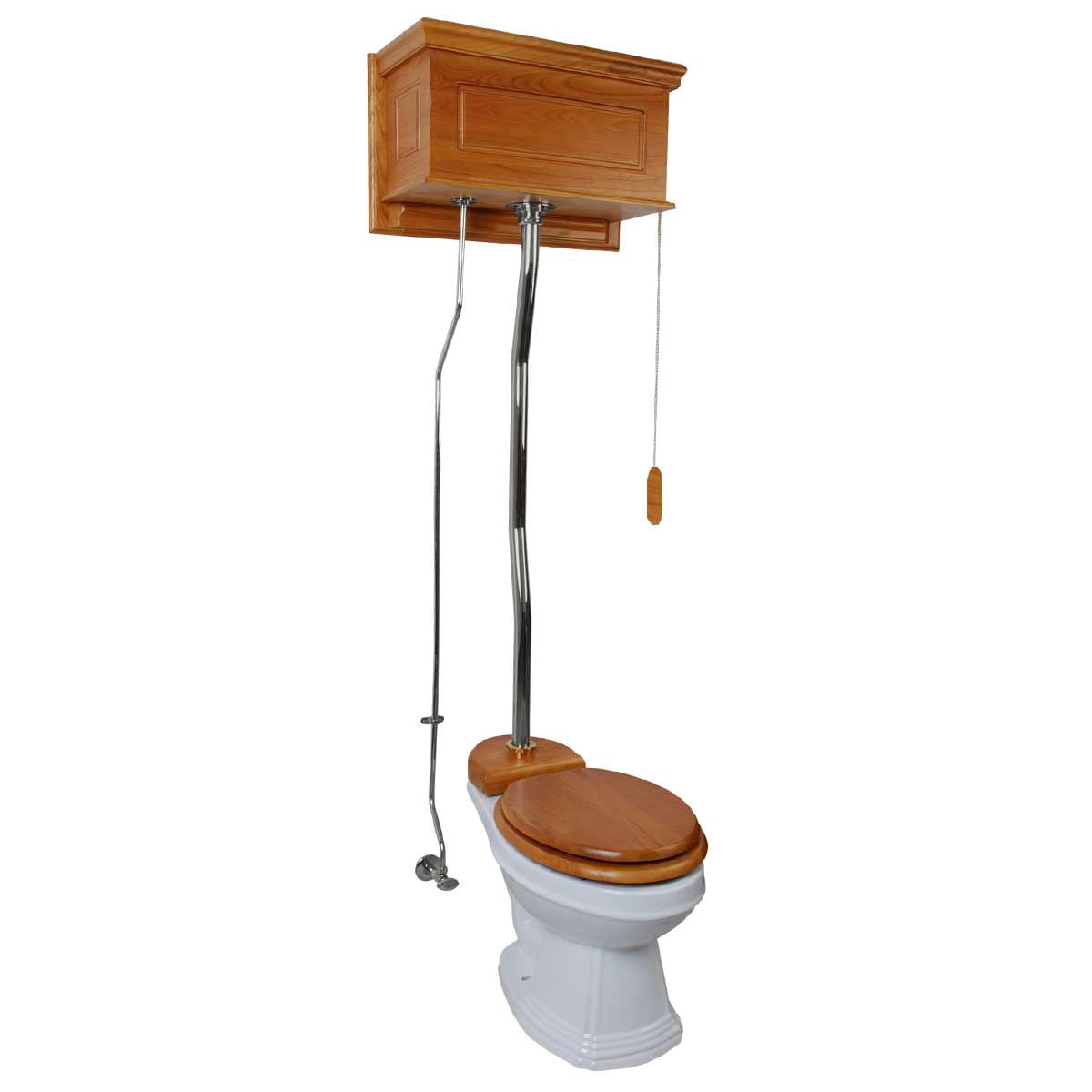 Renovators Supply High Tank Pull Chain Toilet w/Light Oak Wooden Raised High Tank 59" to 74" Adjustable Height Chrome Z Pipe and Elongated Toilet Bowl
