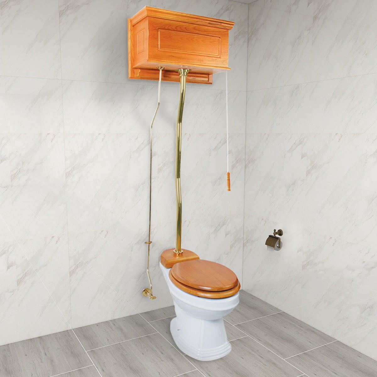 Renovators Supply High Tank Pull Chain Toilet w/Light Oak Wooden Raised