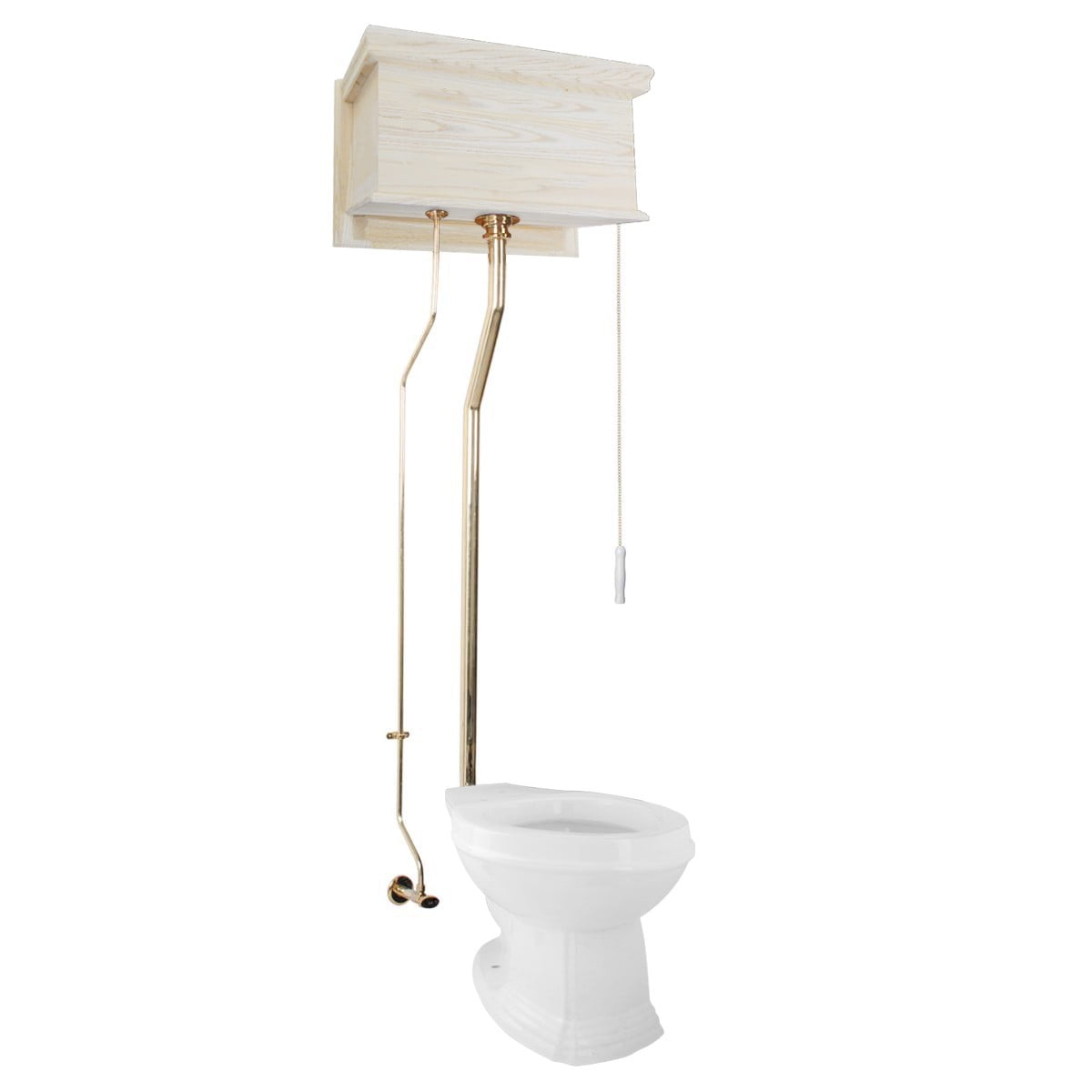 Renovators Supply High Tank Pull Chain Toilet w/Unfinished Wooden Flat High Tank 70" to 74" Adjustable Height Brass L Pipe and Elongated Toilet Bowl