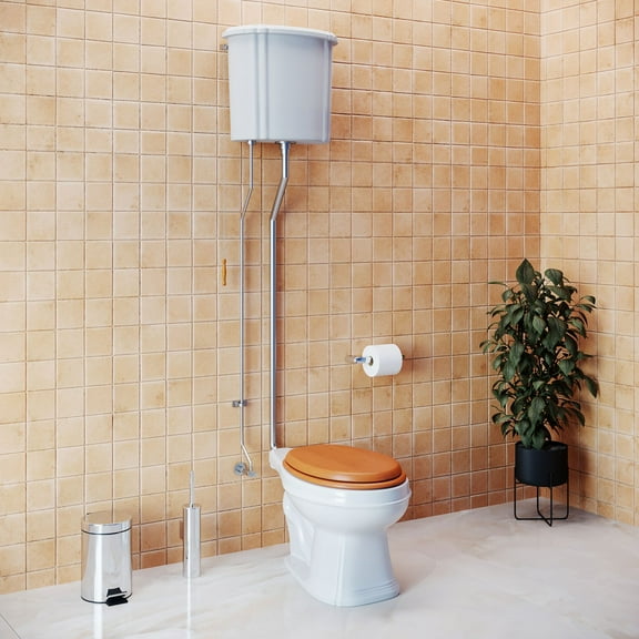 Renovators Supply High Tank Pull Chain Toilet w/White Ceramic High Tank 74" to 78" Adjustable Height Satin L Pipe and Round Toilet Bowl