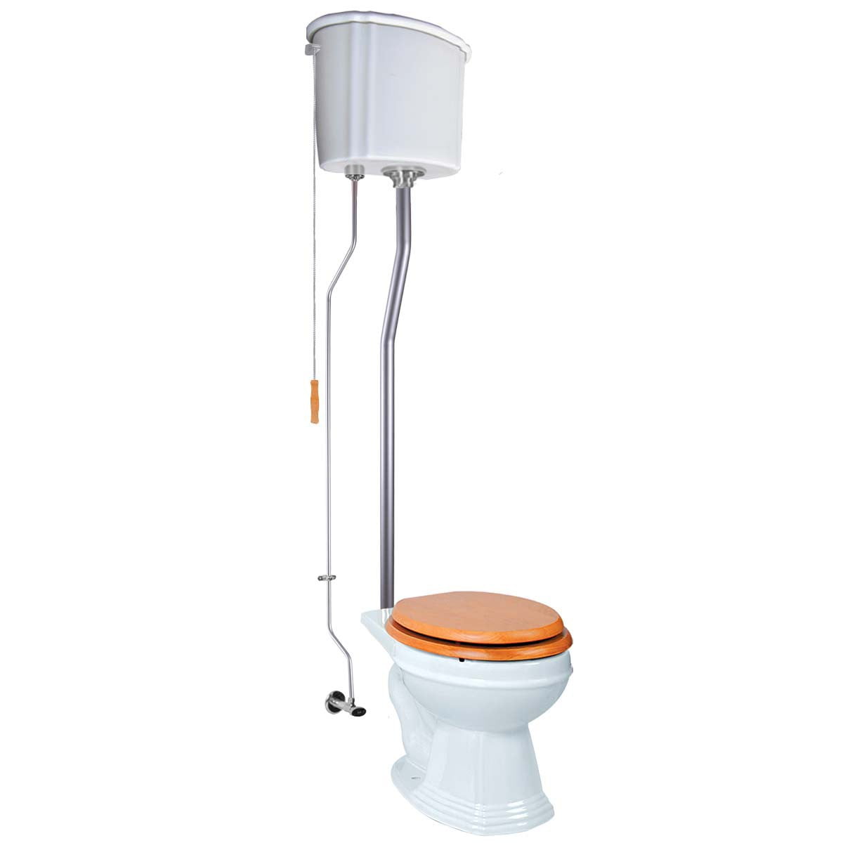 Renovators Supply High Tank Pull Chain Toilet w/White Ceramic High Tank 74" to 78" Adjustable Height Satin L Pipe and Round Toilet Bowl