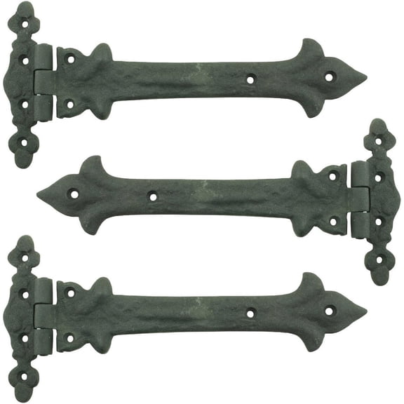 Renovators Supply Manufacturing Black Wrought Iron Strap Hinge 9 in Southern Charm Style Spear Tip Flush Mount Heavy Duty Strap Gate and Door Hinges with Hardware Pack of 3