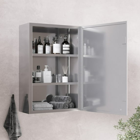 Renovators Supply Medicine Cabinets 19 3/4 in. x 13 1/8 in. Stainless Steel Rectangular Bathroom Wall Medicine Cabinet w/Mirror and Mounting Hardware Opens Left to Right