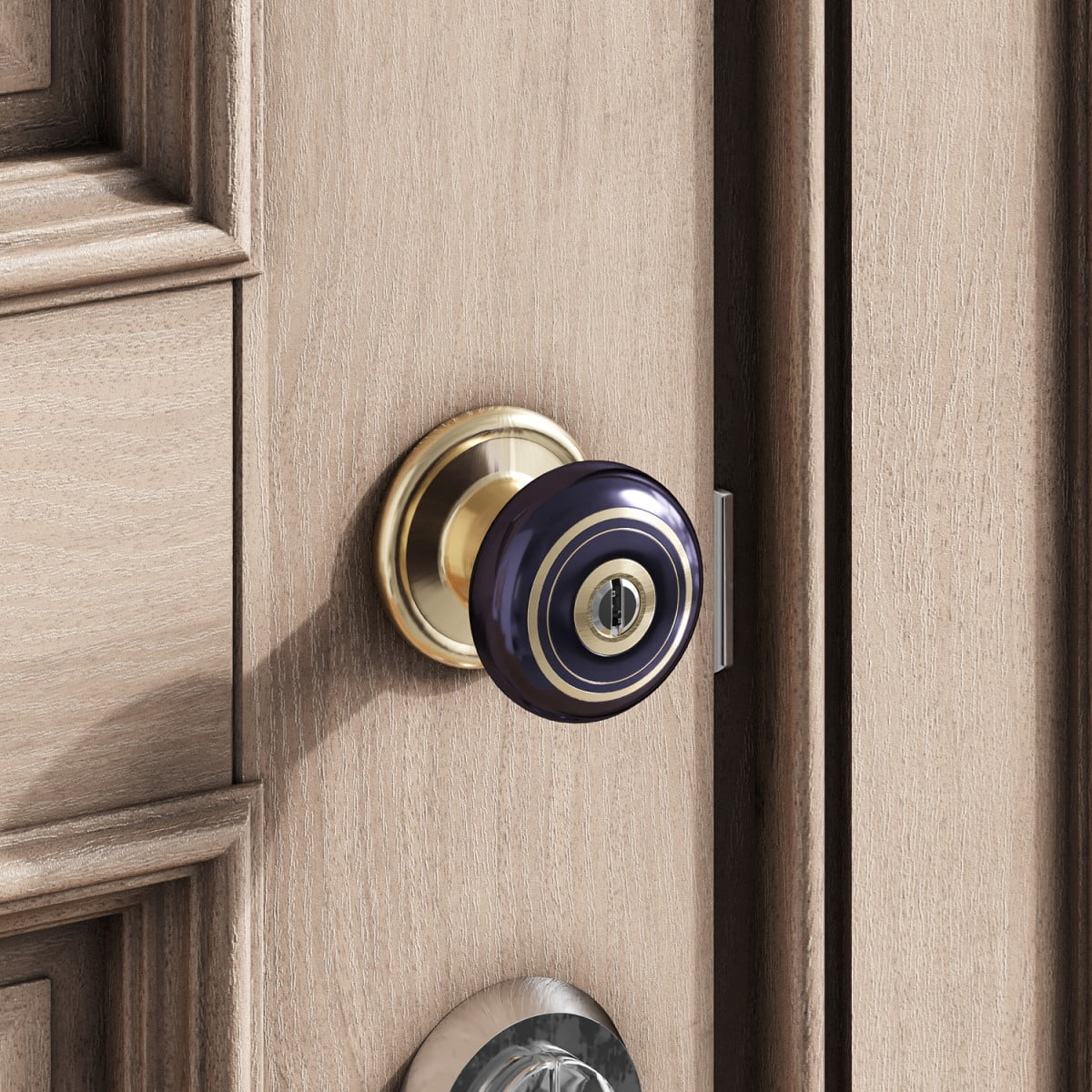 Renovators Supply Porcelain Door Lock 2.38 in Adjustable Backset Glazing Black and Brass Door Knob w/Lock
