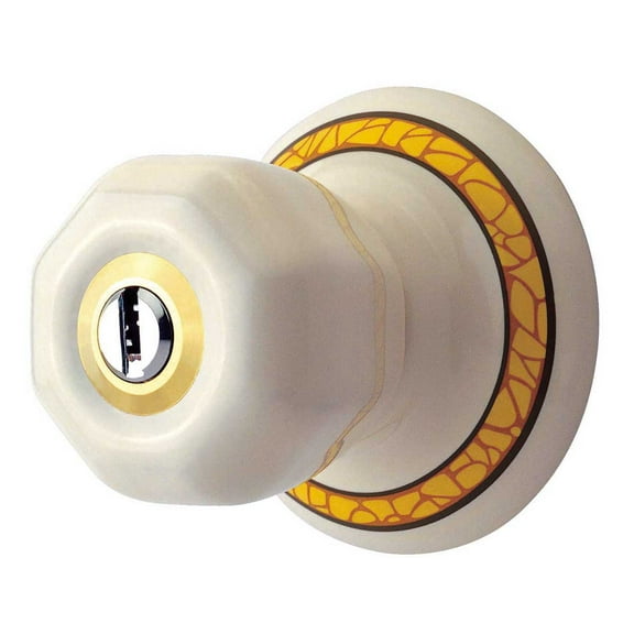 Renovators Supply Porcelain Door Lock 2 in Adjustable Backset White and Yellow Hexagonal Door Knob w/Lock