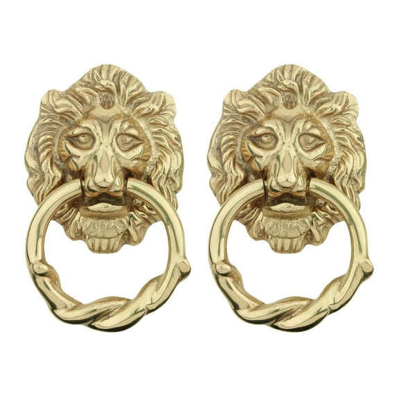Renovators Supply Solid Cast Brass Lion Front Door Knocker 6.25" Tall Decorative Antique Lion Ring Style Front Door or Gate Metal Knockers Lacquered Brass Finish w/Hardware Pack of 2