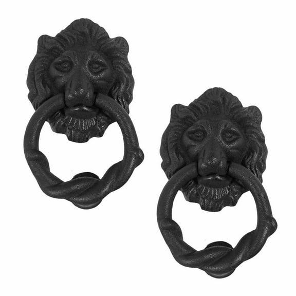 Renovators Supply Solid Cast Iron Lion Front Door Knocker 6" H Decorative Antique Lion Ring Style Front Entry Door Vintage Metal Knockers Rust Resistant Finish w/Hardware Pack of 2