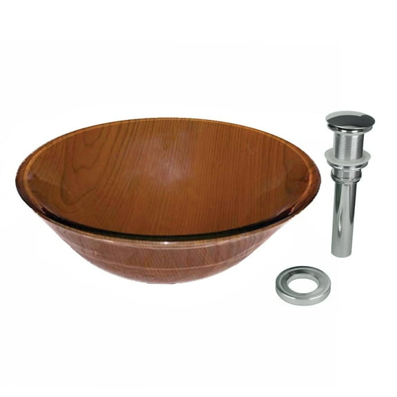 Renovators Supply Tempered Glass Vessel Sink with Drain, Wood Grain Hat Shaped Bowl Sink