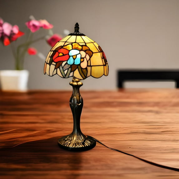 Renovators Supply Tiffany Style Table Desk Lamp Antique Brass Base Lamp for Reading, Night Lighting, Bedside Floral Vintage Home Decor Light w/Stained Glass 19" Tall Lamp