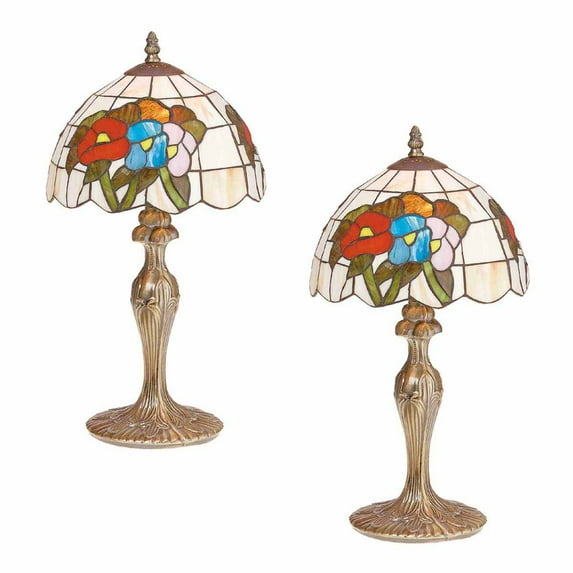 Renovators Supply Tiffany Style Table Desk Lamp Antique Brass Base Lamp for Reading, Night Lighting, Bedside Floral Vintage Home Decor Light w/Stained Glass 19" Tall Lamp Pack of 2
