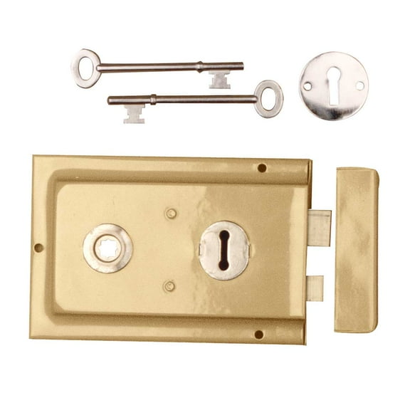 Renovators Supply Victorian Steel Rim Door Lock 4 in x 6 1/8 in Brass Plated Steel Door Lock Hardware