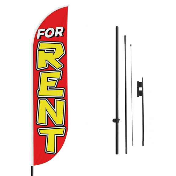 For Rent Sign feather flag Pole kit for Outdoor by Mavis Printing | 15 FEET Long Polyester Outdoor Banner Flag for Easy Hang | HD Print Swooper Flags to Advertise Real Estate Business