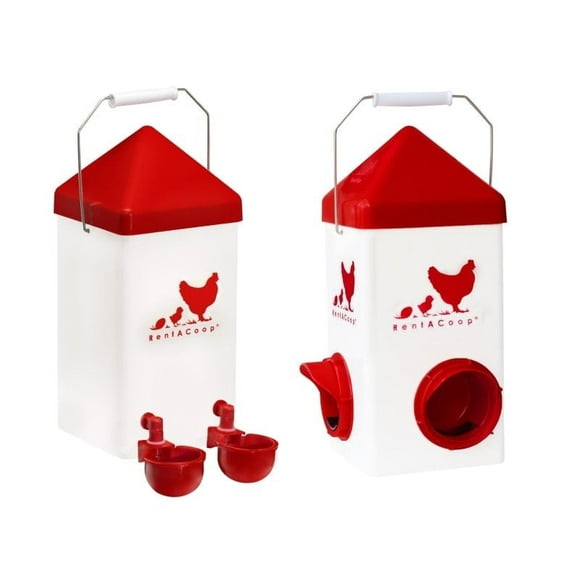 RentACoop Chick2Chicken 5 Lb 2-Port Feeder and 1-Gal Small Cage Waterer Set for Chicks, Chickens, Pigeons, Quail, Game Birds
